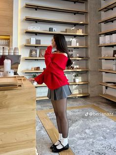 Black Skirt Red Sweater Outfit, Red Flats Fall Outfit, Grey And White Skirt Outfit, Red Flats Winter Outfit, Christmas Sweater With Skirt Outfit, Christmas Outfit Red Sweater, Red Sweater Skirt Outfit, Flats Aesthetic Outfit, Christmas Outfits Aesthetic Red