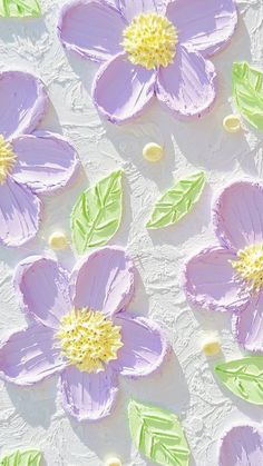 purple flowers with green leaves on a white wallpapered surface, painted in pastel colors