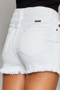 White Frayed Hem Denim Shorts Elevate your summer wardrobe with these High Rise White Frayed Hem Denim Shorts. The high rise design slims the waist and lengthens the legs while the frayed hem adds a carefree touch. Dress them up with a blouse and sandals or down with a tank top and sneakers for a day at the beach or a casual hangout with friends. These shorts are a must-have for any fashion-forward look.Product Description Features: Raw Hem, Pocketed Stretch: Moderate stretch Material compositio Outing With Friends, White Denim Shorts, Outfit Jeans, Baywatch, Maxi Dress Formal, A Day At The Beach, Short En Jean, Day At The Beach, Outfit Style