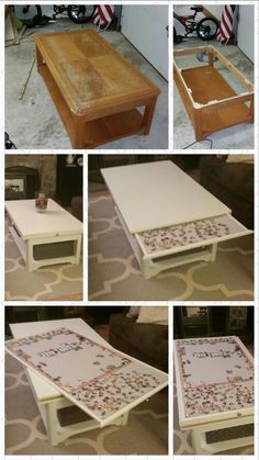 several pictures of coffee tables with different designs on them, including one that has been painted white and the other is made out of wood