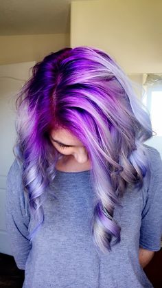 Purple, lavender, gray, and blue hair Purple Shadow Root Blonde Platinum, Silver Hair With Vivid Colors, Silver Hair With Purple Roots, Icy Blonde And Purple Hair, Purple And Silver Hair Color Ideas, Periwinkle Purple Hair, Shadow Root Colored Hair, Short Hair Color And Style