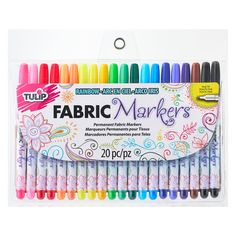 the tulip fabric markers are set in a plastic case with colorful markers on it