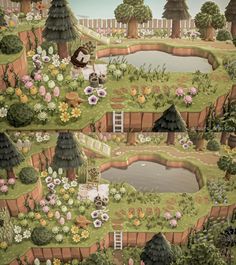 an animated landscape with trees, flowers and animals in the middle of two different areas