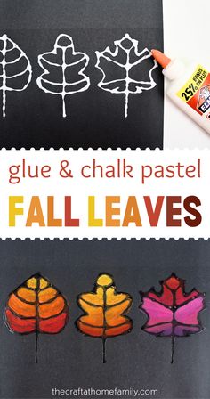 Pictures of in-process and finished chalk pastel fall leaf craft with the words "Glue & Chalk Pastel Fall Leaves" Chalk Leaf Art, Fall Craft Classroom, Fall Leaf Chalk Art, Leaf Art Craft, Templates For Painting Free Printables, Fall Art 5th Grade, Drawing With Chalk Pastels, Fall Leaf Printables Free, Acorn Art Projects For Kids