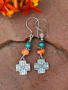 Sterling Silver Southwestetn Cross Dangle Earrings, with Spiny Oyster and Turquoise. Southwest Summer Boho!  on Sterling Earwire. 2.5 inches long Southwestern Style Multicolor Nickel-free Jewelry, Southwestern Style Dangle Jewelry As Gift, Rustic Turquoise Nickel Free Earrings, Rustic Turquoise Nickel-free Earrings, Southwestern Turquoise Jewelry With Ear Wire, Southwestern Dangle Earrings With Natural Stones, Turquoise Nickel-free Southwestern Earrings, Nickel Free Southwestern Drop Earrings, Southwestern Style Nickel Free Drop Earrings