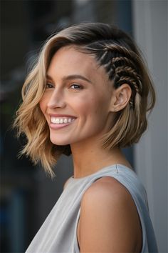 Discover how to elevate your look with stunning short hair styles featuring delicate fishtail braids. This combination not only adds texture and interest to your hairstyle but also keeps it stylishly chic. Perfect for both casual outings and special occasions, these braids effortlessly enhance your short hair. Get inspired to sport this trendy, elegant 'do and embrace your individuality! #ShortHairStyles #FishtailBraids #HairInspiration #ChicHairstyles Half Braid Short Hair, Braids For Short Straight Hair, Short Evening Hairstyles, Short Hair Night Out Hairstyles, One Shoulder Dress Hairstyles Short Hair, Side Braids Short Hair, Side Braid Hairstyles Short Hair, Short Up Do Hairstyles, Side Braid Short Hair