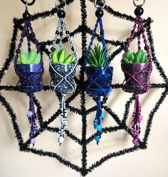 three hanging planters with succulents in them on a spider web decoration