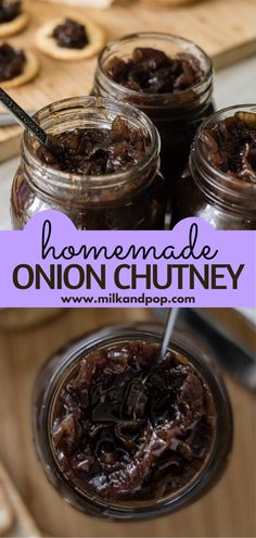 homemade onion chutney recipe in mason jars with spoon