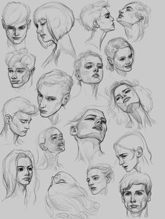 a bunch of sketches of people's heads in various positions and sizes, all with different