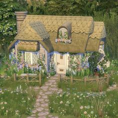 a painting of a small cottage with flowers on the front yard and pathway leading to it