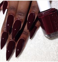 Burgundy Pointy Nails, Purplish Red Nails, Cute Pointy Nails, Red Wine Acrylic Nails, Wine Colour Nails, Deep Wine Nails, Deep Nail Colors, Deep Red Almond Nails, Plum Acrylic Nails