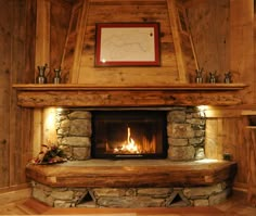 a fire place in the corner of a room