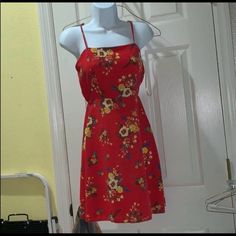 Red Floral Mini Dress Size Xs Brand New With Tags Red Mini Sundress For Day Out, Red Casual Sundress For Spring, Casual Red Mini Dress For Spring, Casual Red Sundress For Spring, Red Casual Mini Sundress, Casual Red Mini Sundress, Red Fitted Sundress With Spaghetti Straps, Red Sundress For Day Out, Red Floral Print Sundress With Spaghetti Straps