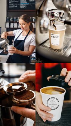 there are pictures of different types of coffees being made in the same machine as people