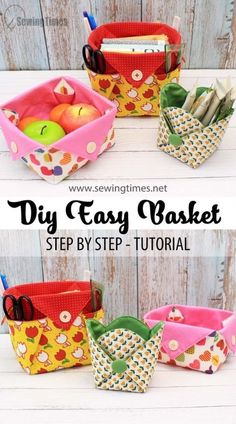 four baskets with different patterns and designs on them, one has an apple in it