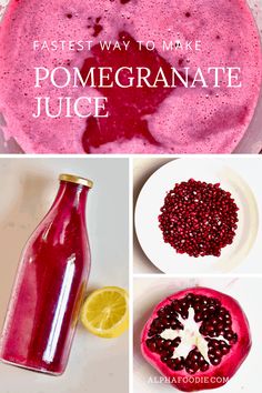 pomegranate juice in a glass bottle next to a plate