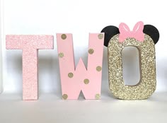 the word minnie spelled out in pink and gold glitter with a minnie mouse head on top