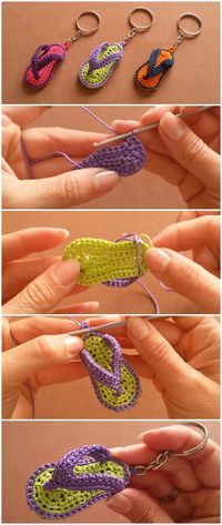 crocheted flip flop keychains are shown in four different colors and sizes