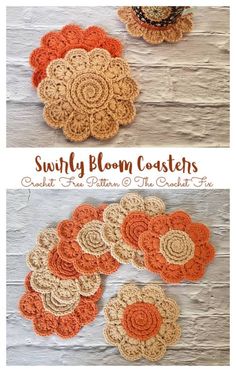 crocheted flower coasters are shown with the words, sunflower bloom coasters