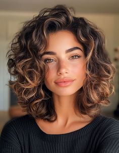 32 Medium Length Curly Hairstyles : Side Part Layered Chocolate Curls with Golden Highlights Curly Medium Length Hair With Layers, Curly Hairstyles Side Part, Side Part Curls, Blonde Angled Bob, Curls For Medium Length Hair, 2016 Hairstyles, Medium Curly Haircuts