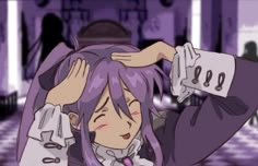 an anime character with purple hair holding her hands up to her head and looking at the camera