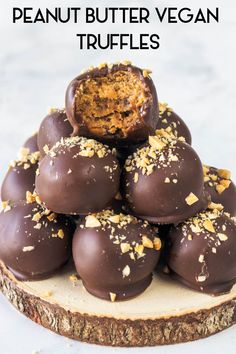 chocolate peanut butter vegan truffles stacked on top of each other with text overlay