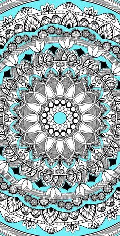 a blue and black circular design with white flowers on the center, surrounded by smaller circles