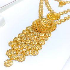 Layered Dangling Flower 5-Piece 21k Gold Necklace Set Traditional Luxury Yellow Gold Kundan Necklace, Luxury Yellow Gold Kundan Necklace For Puja, Luxury Yellow Gold Kundan Necklaces, Gold Necklace Set Poc, Luxury 22k Gold Jewelry Sets As Gift, Hand Set 22k Gold Luxury Necklace, Luxury 22k Gold Dangle Jewelry, 22k Yellow Gold Hand Set Necklaces, 21k Gold Jewelry