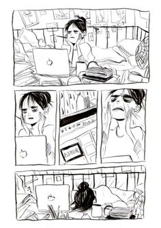 a comic strip with two people working on laptops and one person laying in bed