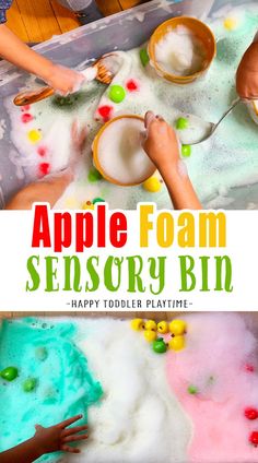 two children are playing in an apple foam activity bin with the words, happy toddler playtime