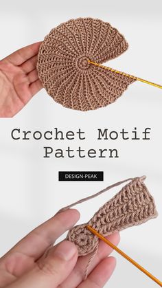 the crochet motif pattern is shown with two hands holding yarn and knitting needles