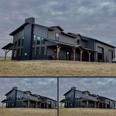 three different shots of a house in the middle of nowhere