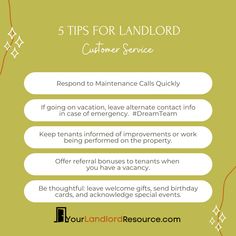 the 5 tips for land lord customer service info sheet, with text overlaying it