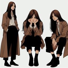 three different poses of a woman with long dark hair and black pants sitting on a chair