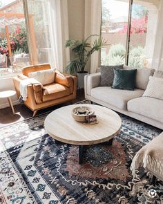 a living room with two couches and a coffee table in front of large windows