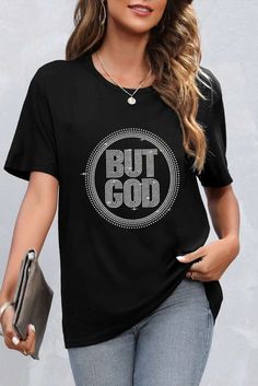 Black Hot Stamping Letter Round Neck T Shirt Rhinestone Tees, But God, Lovely Tops, Solid & Striped, Casual Jumpsuit, Tees For Women, Hot Outfits, Silver Rhinestone, Midi Dress Sleeveless