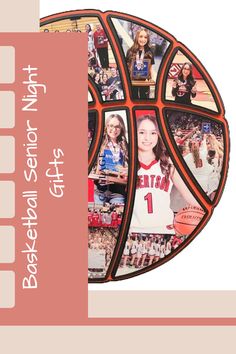 Basketball Senior Night Gifts - A custom basketball collage featuring photos of a female athlete in uniform, with team celebrations and awards. The collage, shaped like a basketball, showcases memorable moments from her basketball journey. Text reads 'Basketball Senior Night Gifts' and 'Shop Now' with a link to CollageAndWood.com. Wilson Basketball, Senior Gifts, Custom Basketball