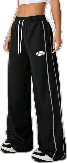 Sporty Black Leisure Activewear, Black Sporty Leisure Activewear, Black Sporty Activewear For Leisure, Black Letter Print Workout Pants, Black Breathable Sweatpants For Streetwear, Sporty Wide Leg Leisure Activewear, Black Letter Print Activewear For Leisure, Sporty Breathable Winter Bottoms, Sporty Breathable Bottoms For Winter