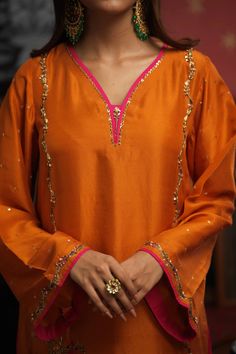 Orange Colour Dress Design, Fashion Valley, Beautiful Kurti, Hand Embroidery Work, Resham Work, The Golden Ratio, Simple Kurta Designs, Neck Designs For Suits, Pakistani Fashion Party Wear