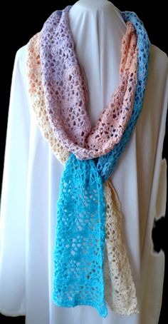 Handmade crochet, 100% cotton scarf in graduated pastel shades. Crocheted Scarf, Pastel Shades, Cotton Scarf, Crochet Scarves, Long Scarf, Shawls And Wraps, Best Friend Gifts, Handmade Crochet, Gifts For Girls