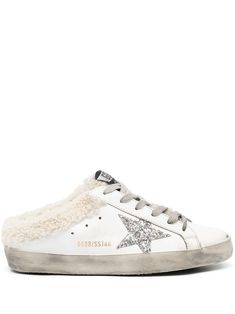 off-white leather front lace-up fastening signature star patch to the sides shearling lining flat rubber sole Fuzzy Golden Goose, Golden Goose Slippers, Shoe Aesthetic, Dream Wishlist, Golden Goose Sneakers, Golden Goose Deluxe Brand, Glitter Stars, Star Sneakers, Super Star