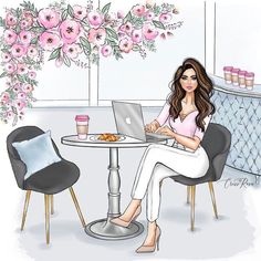 a woman sitting at a table with a laptop computer in front of her and pink flowers on the wall behind her