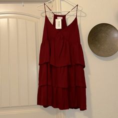 Very Cute Burgundy Dress With Tiered Bottom, Size Large. New W Tags Chic Burgundy Mini Dress For Summer, Summer Burgundy Dress For Brunch, Burgundy V-neck Dress With Ruffles, Burgundy V-neck Mini Dress For Summer, Summer Burgundy V-neck Mini Dress, Burgundy Dress, Lady In Red, Colorful Dresses, Womens Dresses