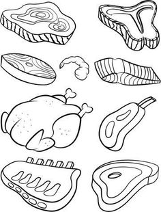 different types of meats on a white background