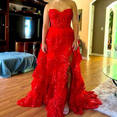 This Gorgeous Red Layered Lace And Sequin Formal Dress Was Worn To Florida National American Miss 2024. Contestant Made It To The Finals In This Lovely Dress. It Is A Stunner! Was Altered To Fit: Bust 34c Or 36b, Waist 29, The Model Is 5’5 In Heals. Original Price Was 150.00 Plus $700 Alterations Fitted Sleeveless Red Carpet Evening Dress, Fitted Sleeveless Evening Dress For Red Carpet, Glamorous Sleeveless Red Carpet Gown, Sleeveless Red Evening Dress With Sequins, Red Sleeveless Sequin Evening Dress, Sleeveless Sequin Gown For Red Carpet, Sleeveless Evening Dress For Red Carpet, Red Carpet Ruffled Sleeveless Dress, Sleeveless Ruffled Red Carpet Dress