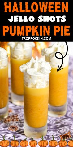 Halloween jello shots: pumpkin pie jello shots topped with whipped cream. Pumpkin Pie Halloween, Low Carb Pumpkin Pancakes, Rum Jello Shots, Halloween Alcohol, Whipped Vodka