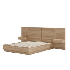 a bed with wooden headboard and nightstands next to each other on a white background