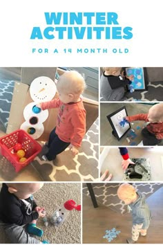 a collage of photos showing various activities for toddlers to play in the snow