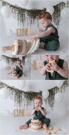 a baby boy eating cake while sitting on the floor in front of balloons and garlands