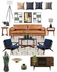 the living room mood board is shown with blue chairs and brown couches, green plants,